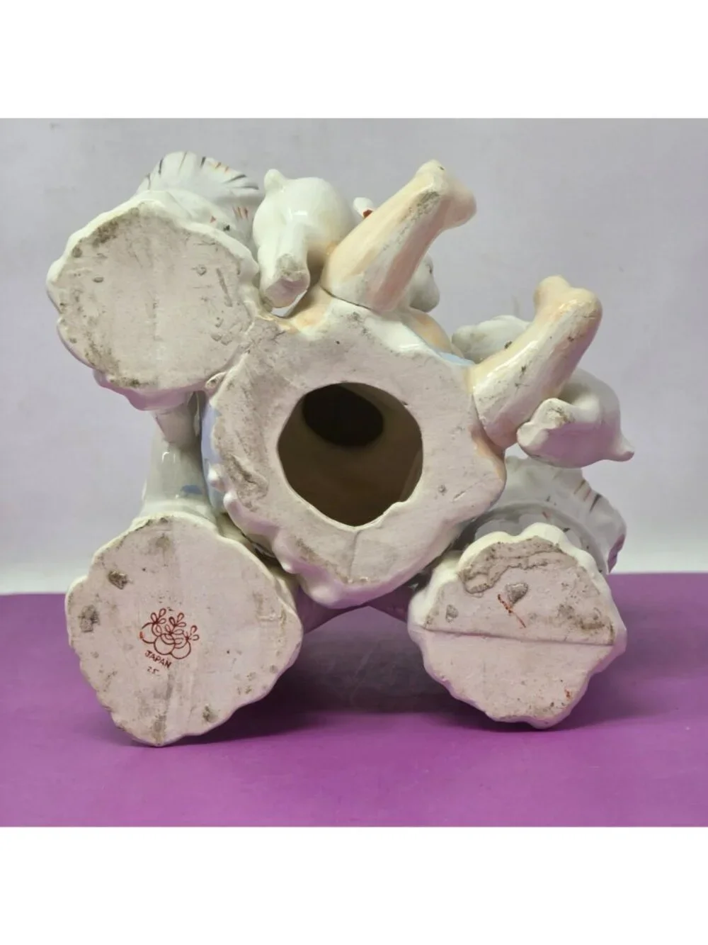Vintage Made In Japan Baby‎ With Rabbits Ceramic Flower Vase Planter Figurine